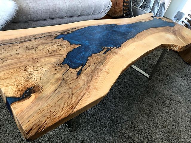 Ocean Depths: The Live Edge Coffee Table with Deep Blue Sea Epoxy Resin